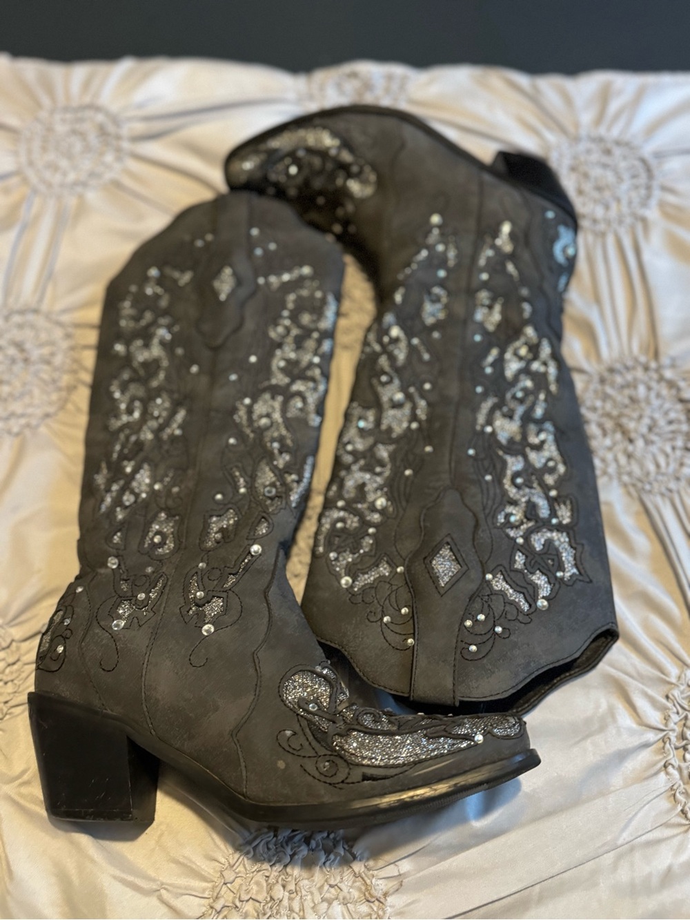 Black Embellished Over-the-Knee Western Boots